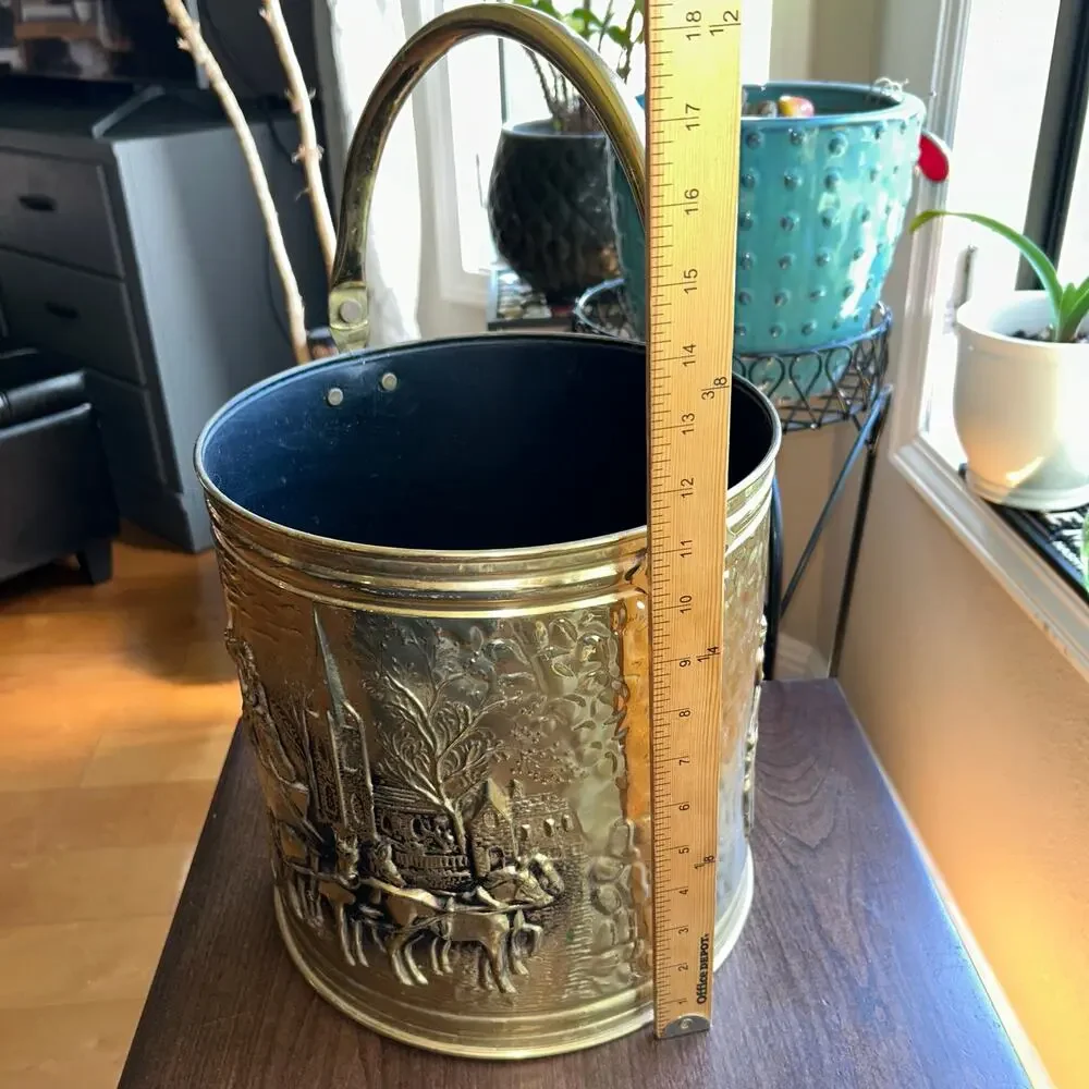 Vintage MCM Brass Coal Bucket England gold tone embossed coach and horses